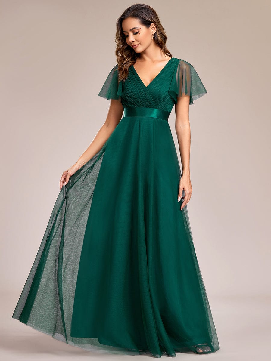 Custom Size Double V-Neck Floor-Length Bridesmaid Dress with Short Sleeve