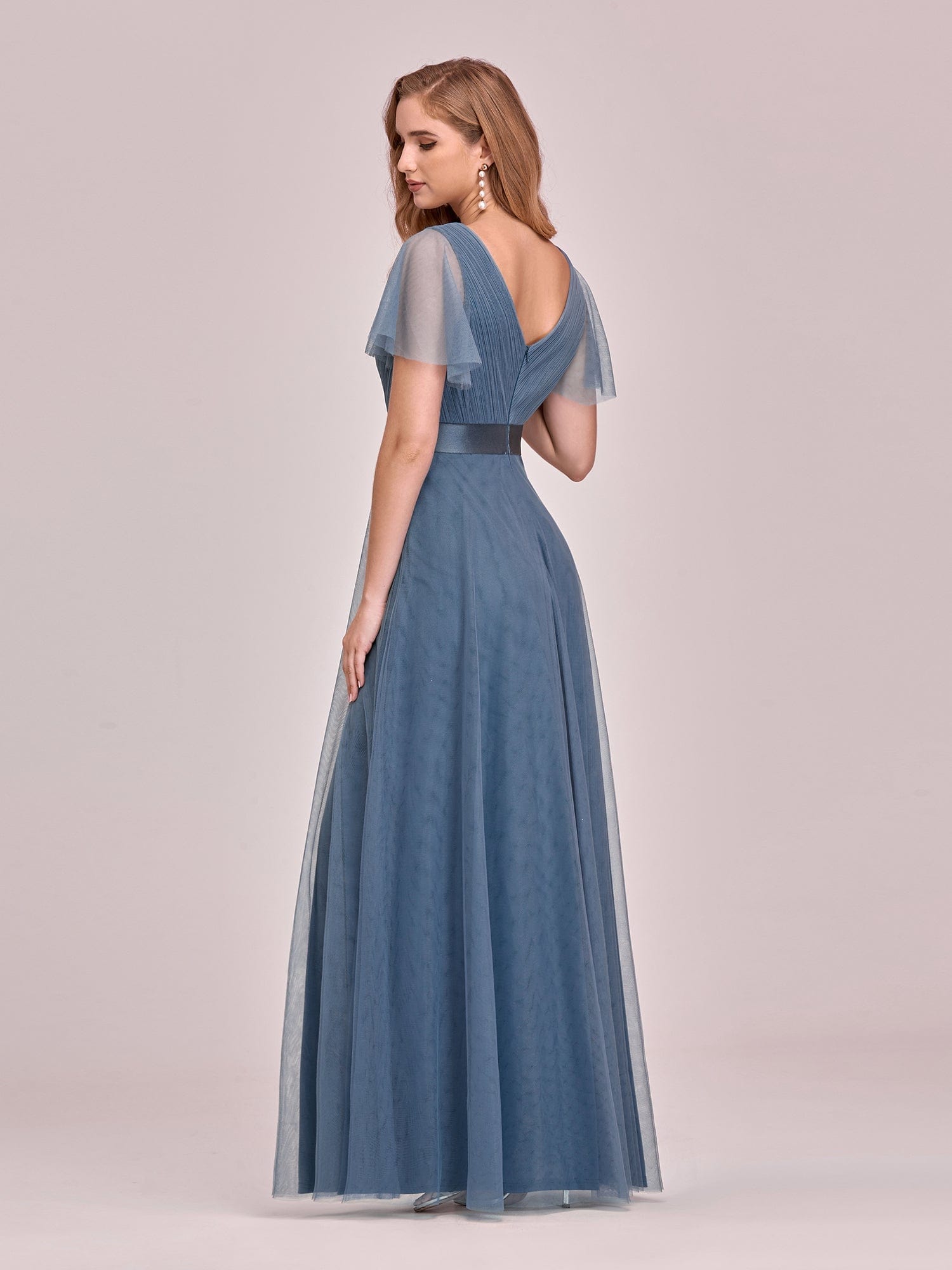 Custom Size Double V-Neck Floor-Length Bridesmaid Dress with Short Sleeve