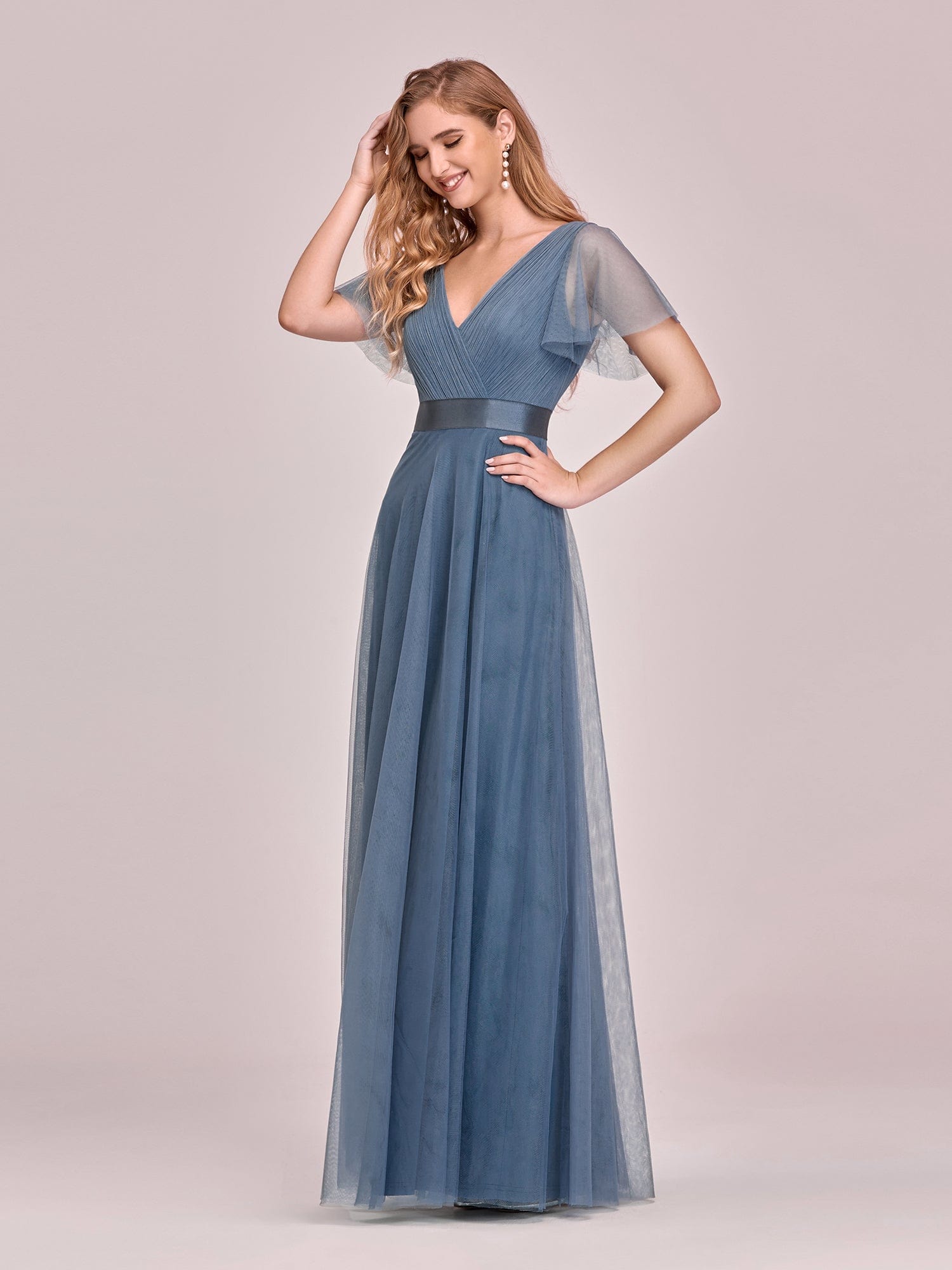 Custom Size Double V-Neck Floor-Length Bridesmaid Dress with Short Sleeve