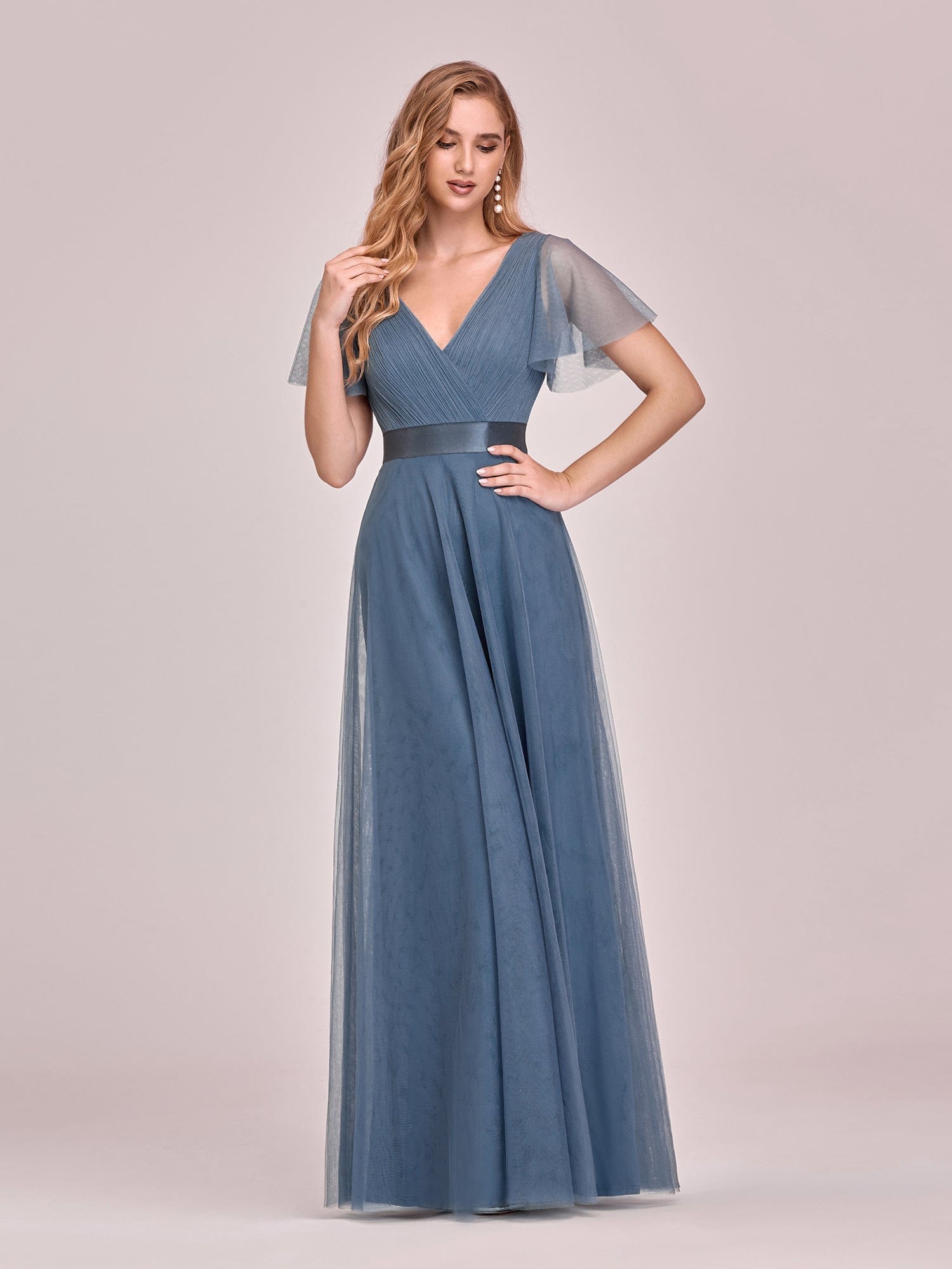 Custom Size Double V-Neck Floor-Length Bridesmaid Dress with Short Sleeve