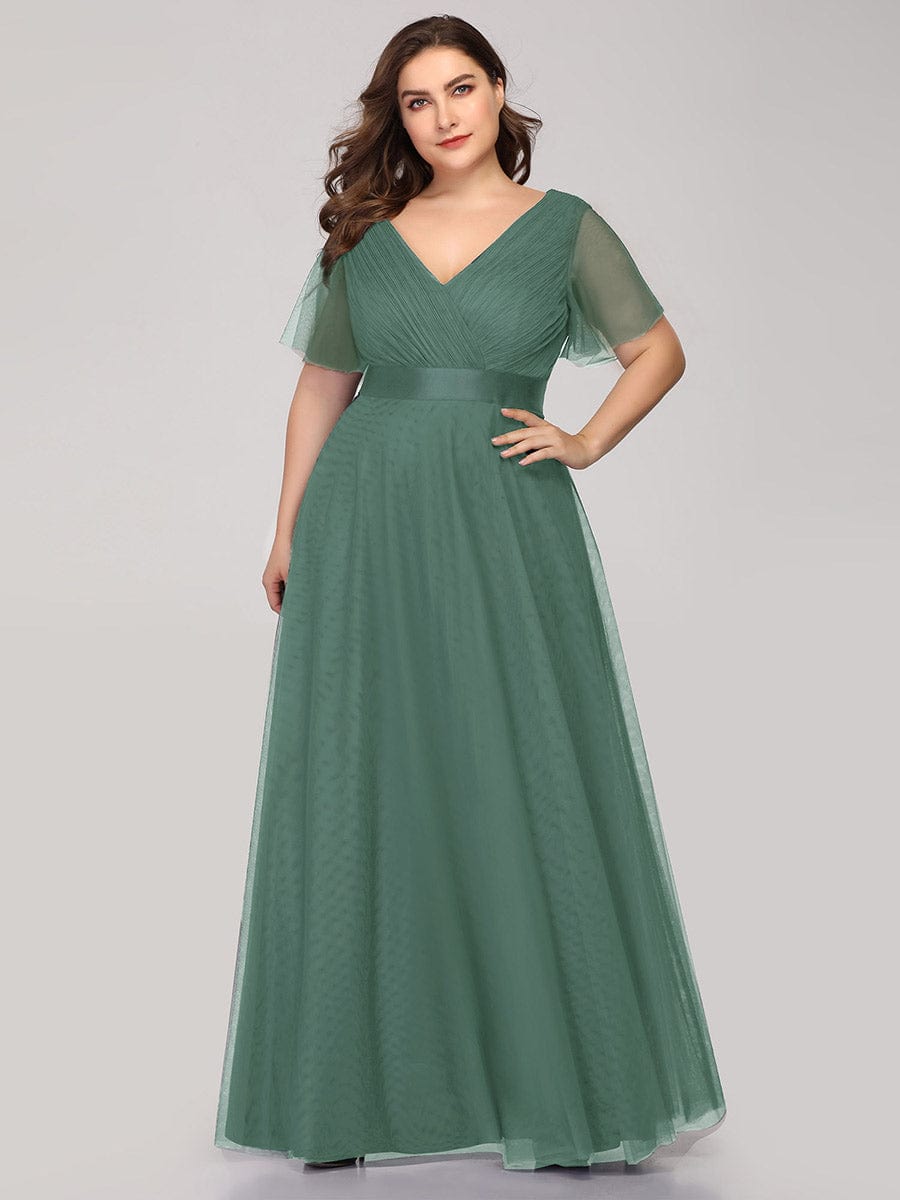 Custom Size Double V-Neck Floor-Length Bridesmaid Dress with Short Sleeve