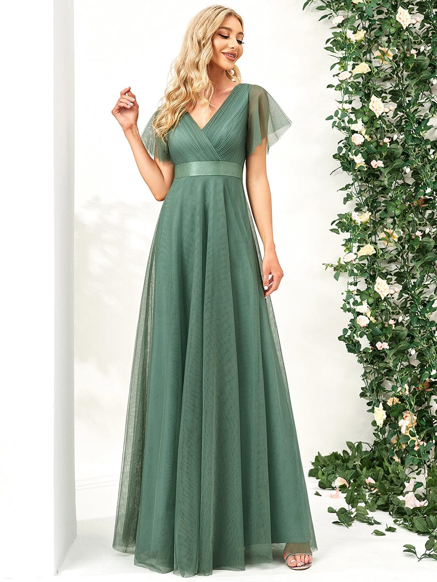 Custom Size Double V-Neck Floor-Length Bridesmaid Dress with Short Sleeve