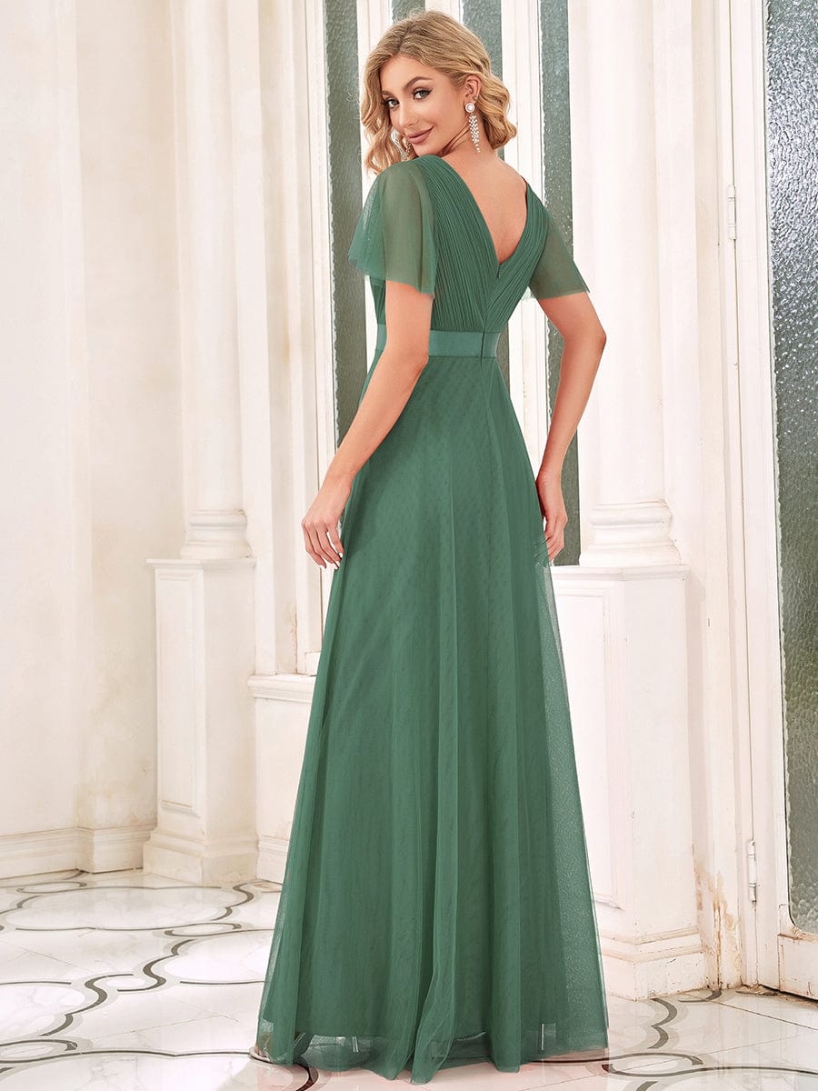 Women's Double V-Neck Floor-Length Bridesmaid Dress with Short Sleeve