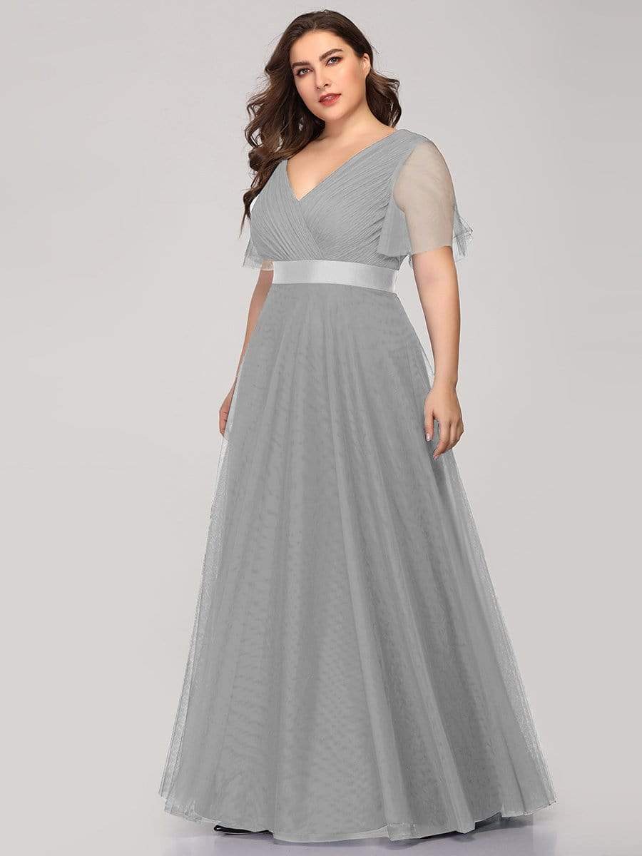 Women's Floor-Length Plus Size Bridesmaid Dress with Short Sleeve