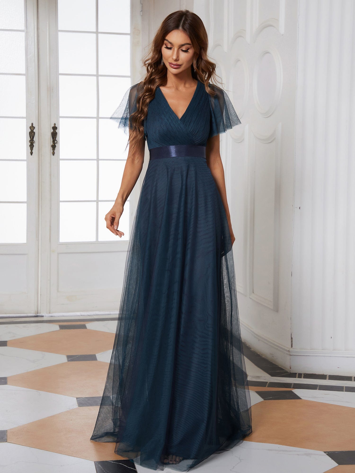 Custom Size Double V-Neck Floor-Length Bridesmaid Dress with Short Sleeve