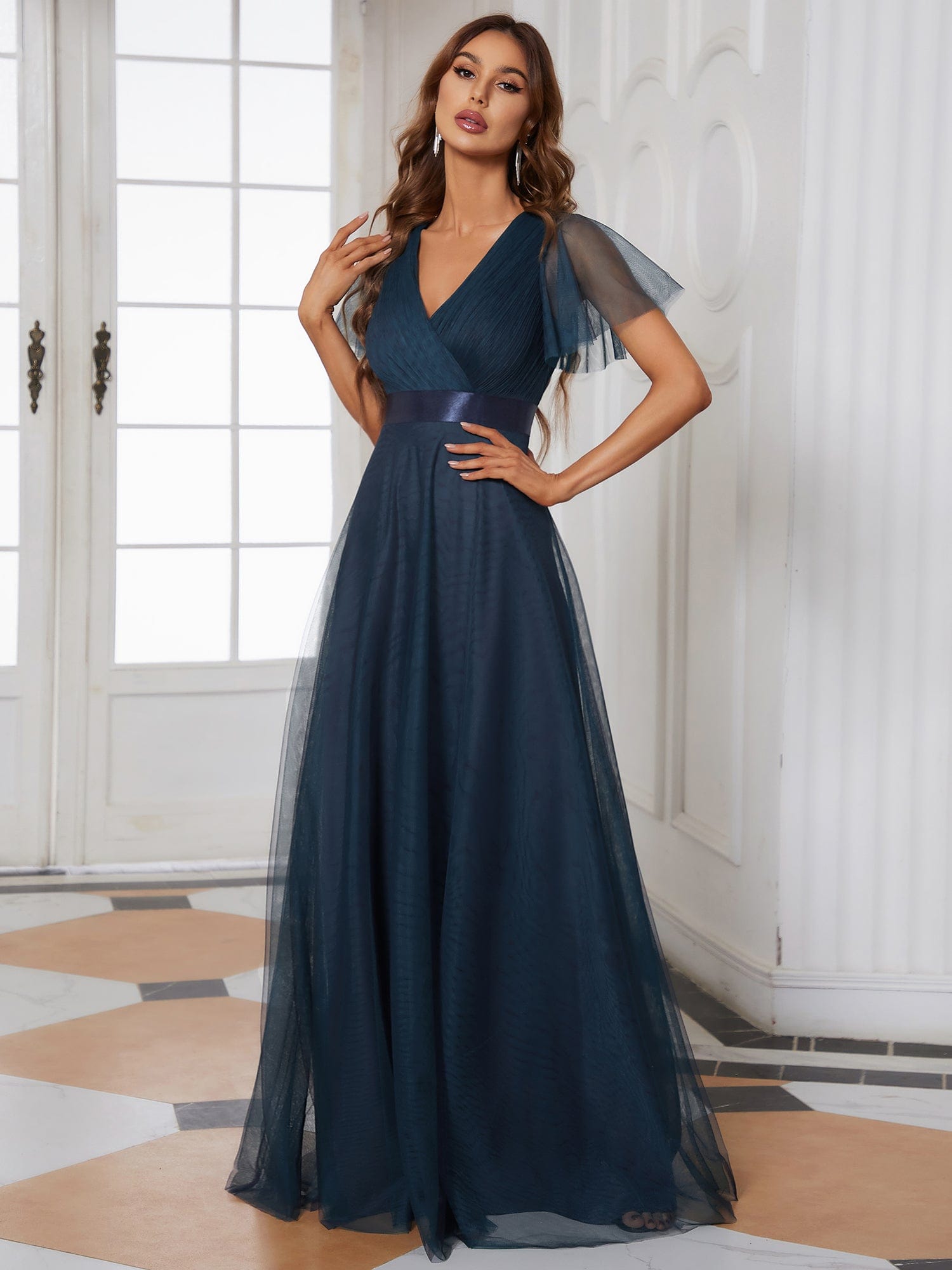 Custom Size Double V-Neck Floor-Length Bridesmaid Dress with Short Sleeve