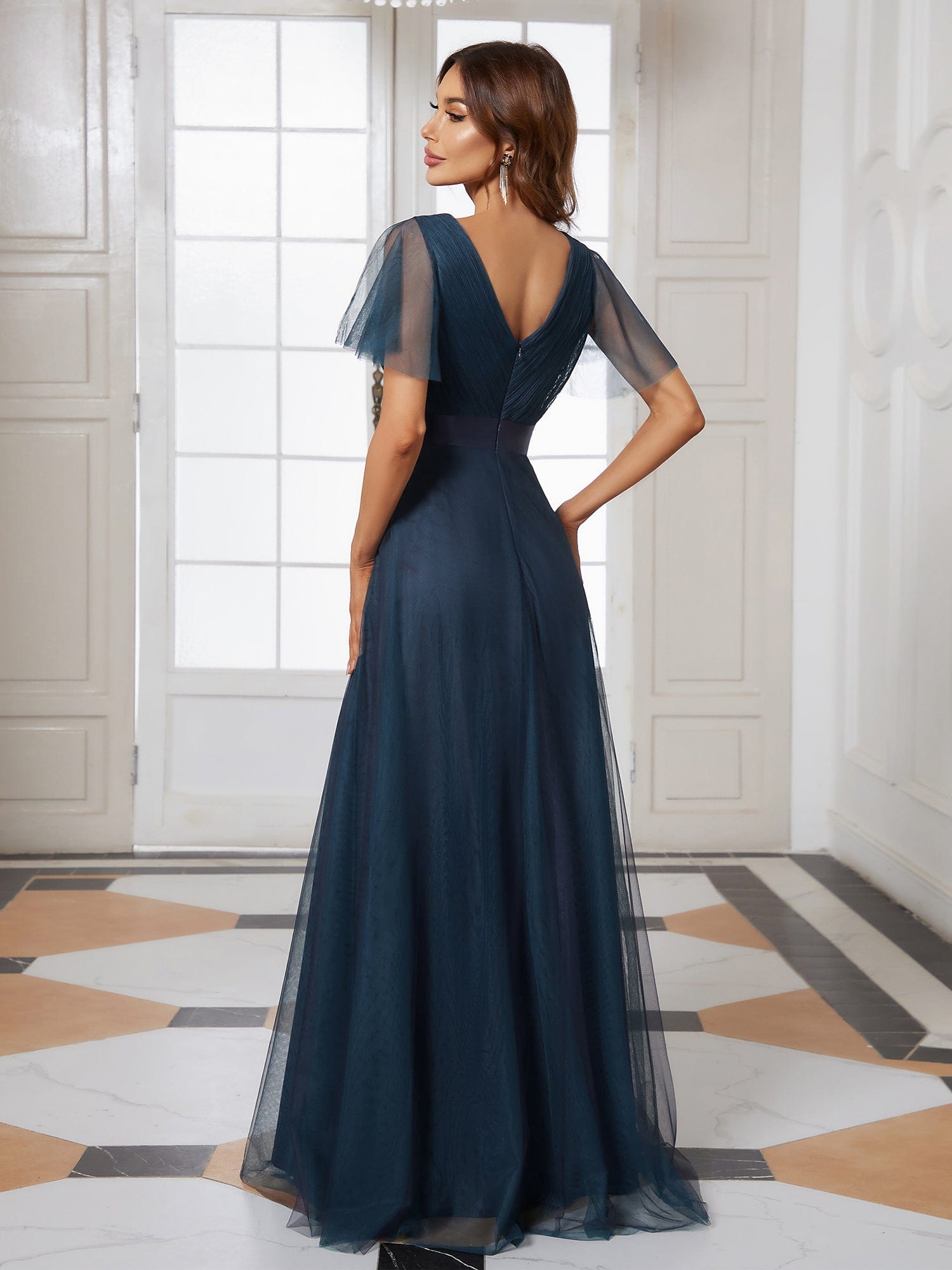 Custom Size Double V-Neck Floor-Length Bridesmaid Dress with Short Sleeve