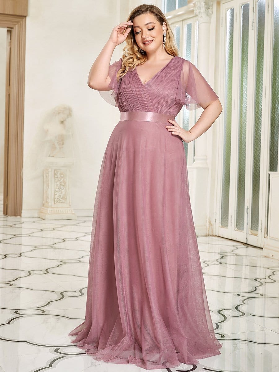 Women's Floor-Length Plus Size Bridesmaid Dress with Short Sleeve