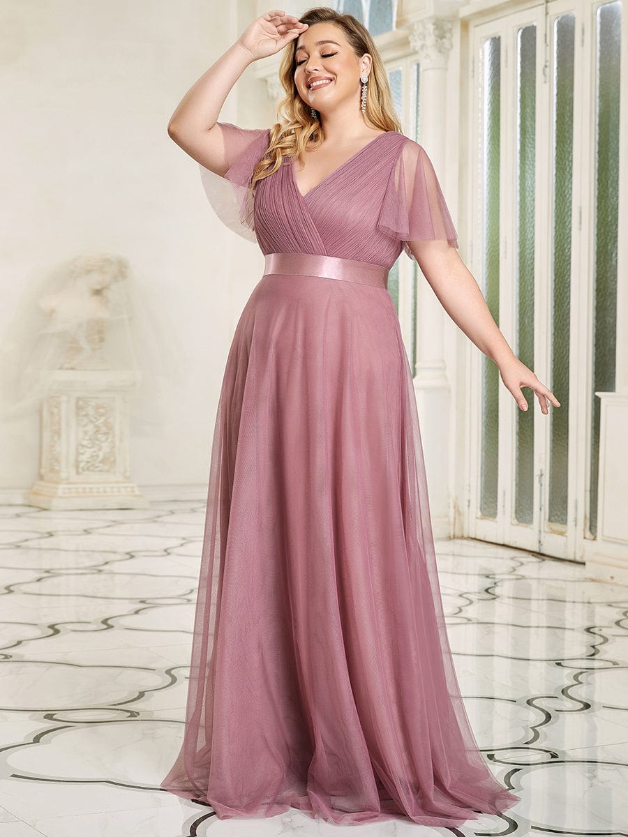 Custom Size Double V-Neck Floor-Length Bridesmaid Dress with Short Sleeve