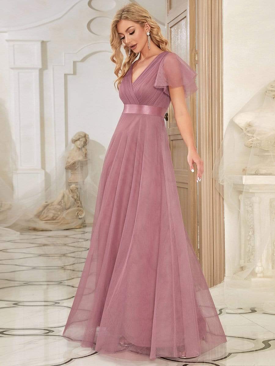 Custom Size Double V-Neck Floor-Length Bridesmaid Dress with Short Sleeve