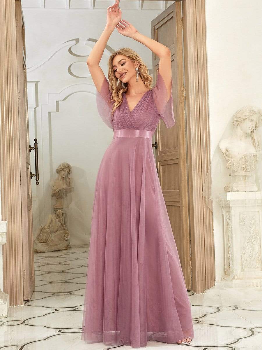 Women's Double V-Neck Floor-Length Bridesmaid Dress with Short Sleeve