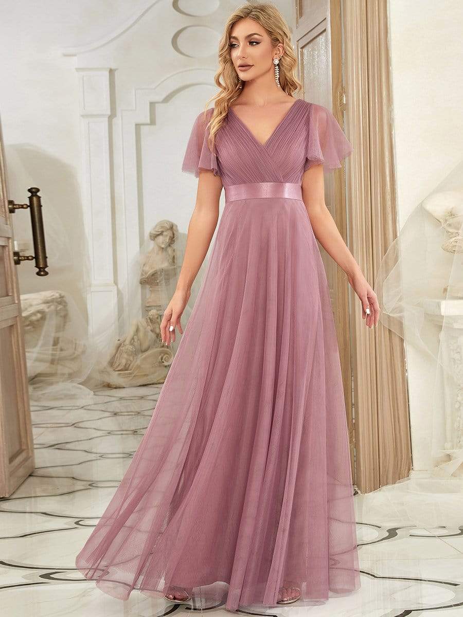 Women's Double V-Neck Floor-Length Bridesmaid Dress with Short Sleeve