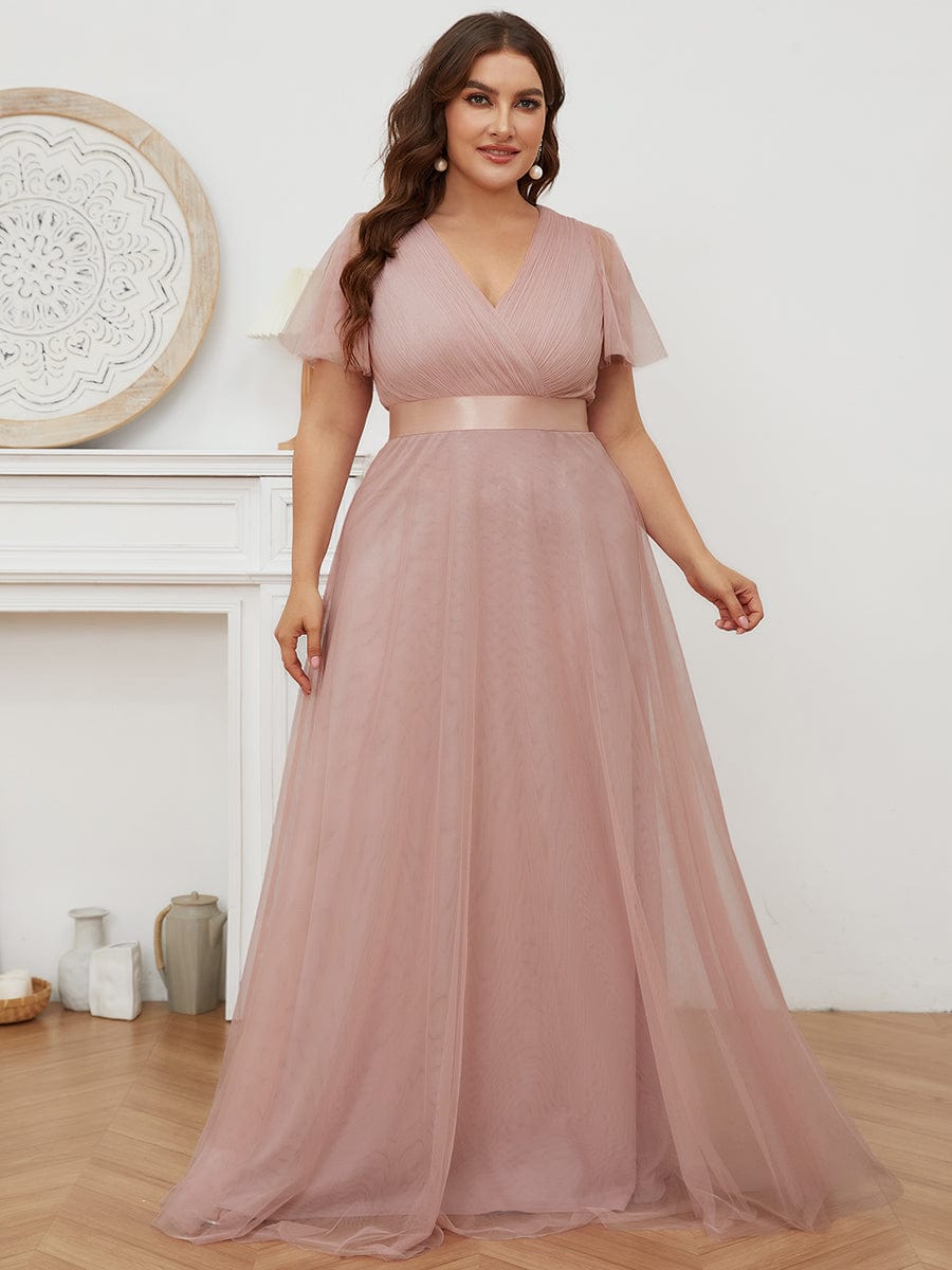 Custom Size Double V-Neck Floor-Length Bridesmaid Dress with Short Sleeve