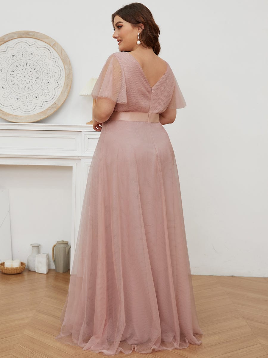 Custom Size Double V-Neck Floor-Length Bridesmaid Dress with Short Sleeve