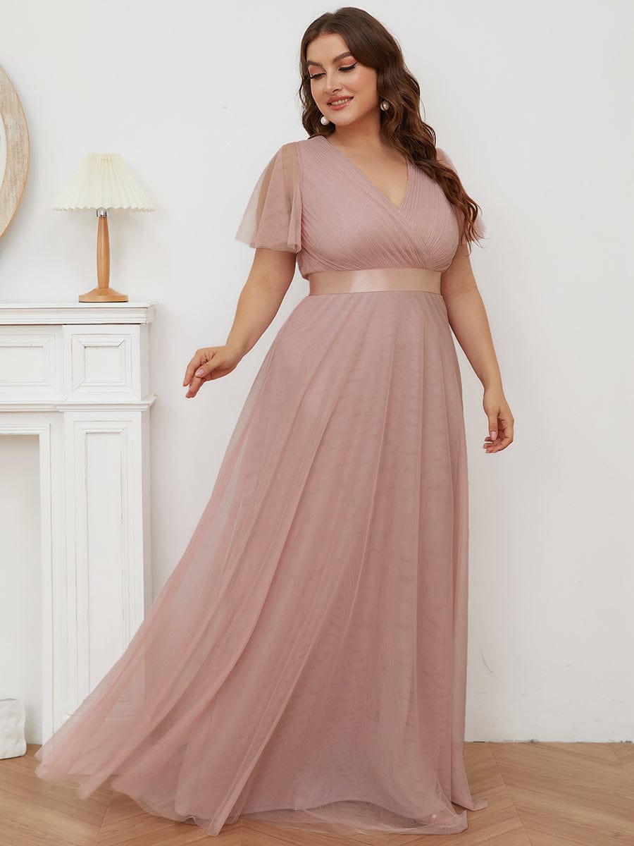 Women's Floor-Length Plus Size Bridesmaid Dress with Short Sleeve