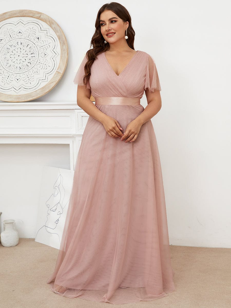 Women's Floor-Length Plus Size Bridesmaid Dress with Short Sleeve