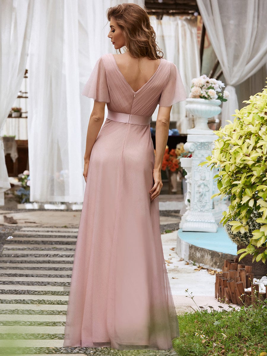 Custom Size Double V-Neck Floor-Length Bridesmaid Dress with Short Sleeve