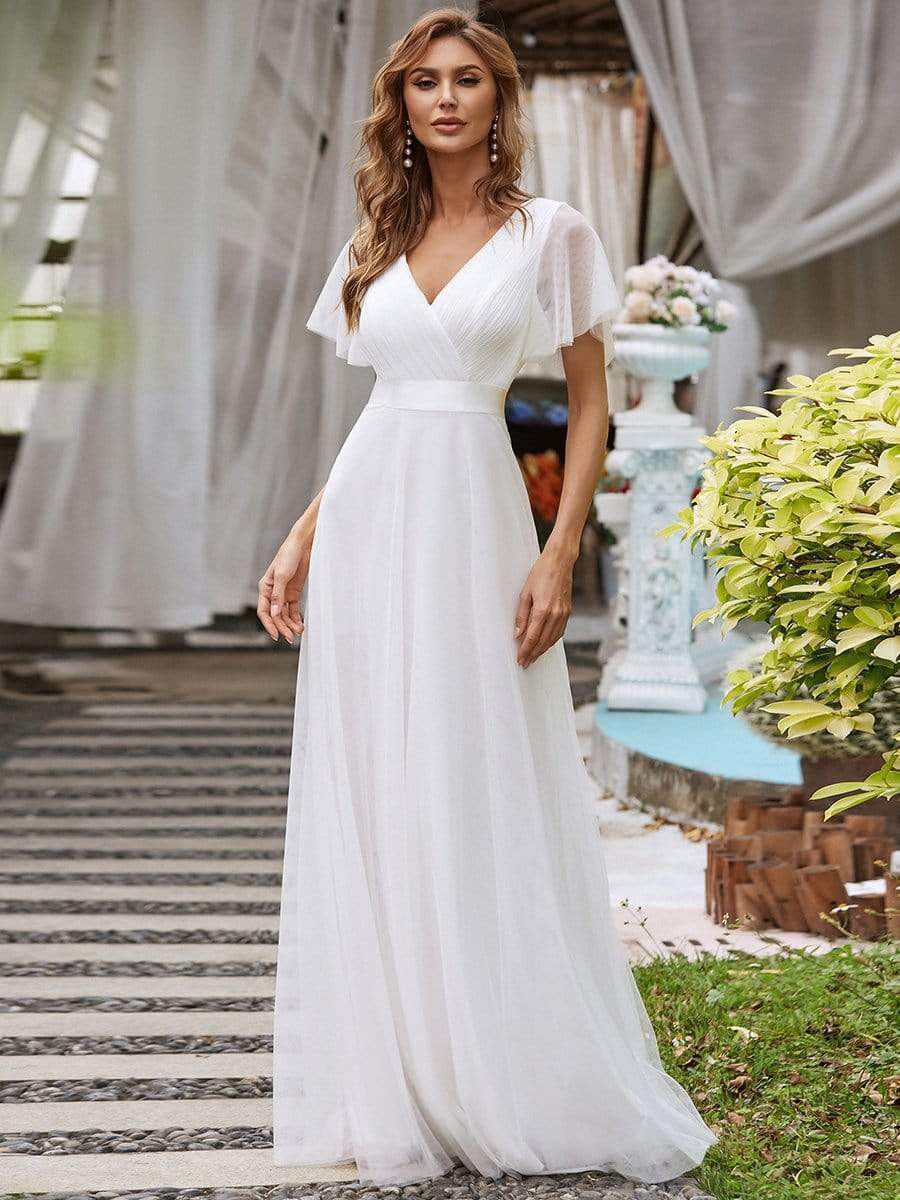 Custom Size Double V-Neck Floor-Length Bridesmaid Dress with Short Sleeve