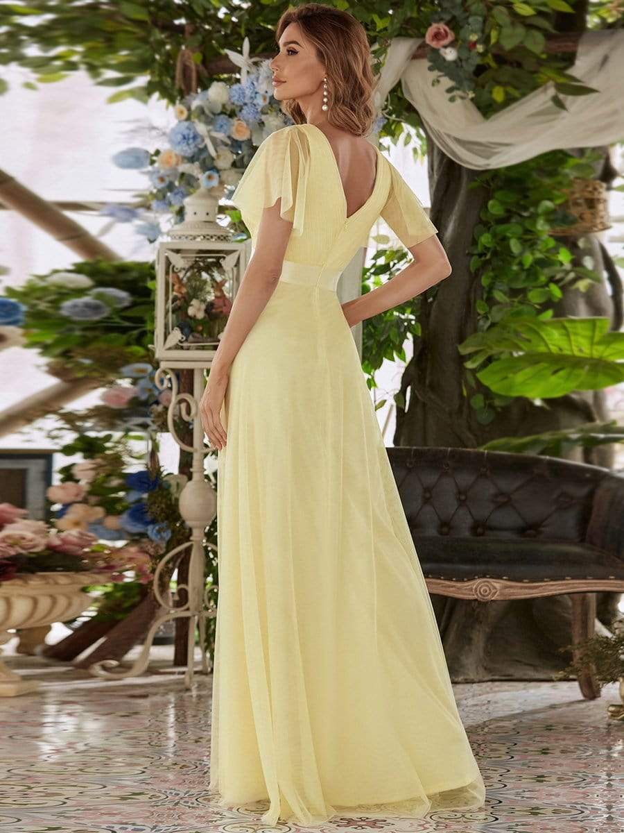 Custom Size Double V-Neck Floor-Length Bridesmaid Dress with Short Sleeve