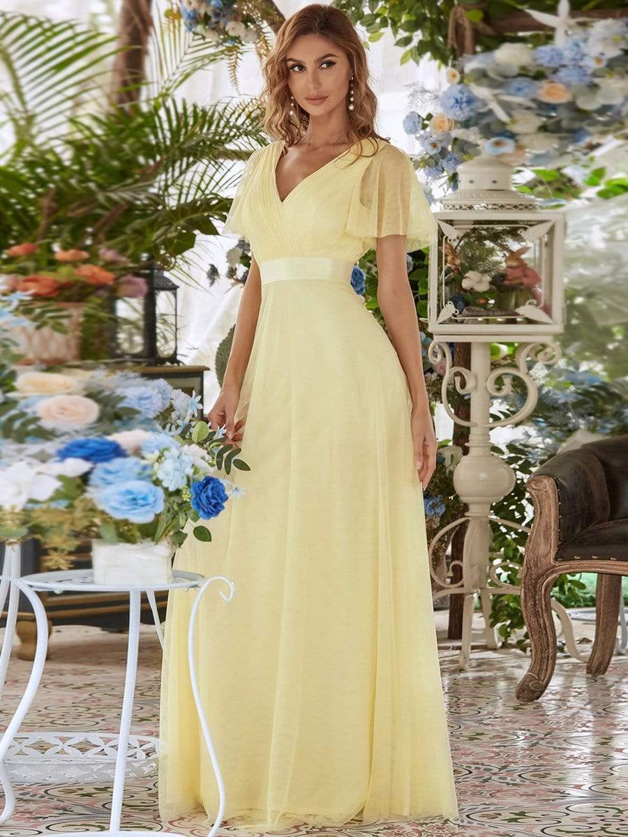 Women's Double V-Neck Floor-Length Bridesmaid Dress with Short Sleeve