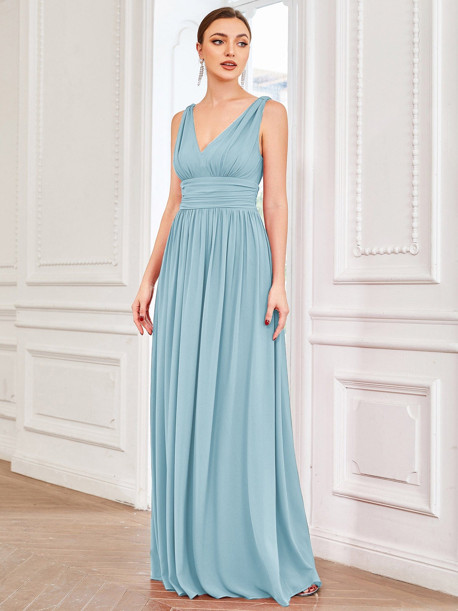 Custom Size V Neck Sleeveless Pleated Chiffon Evening Dress