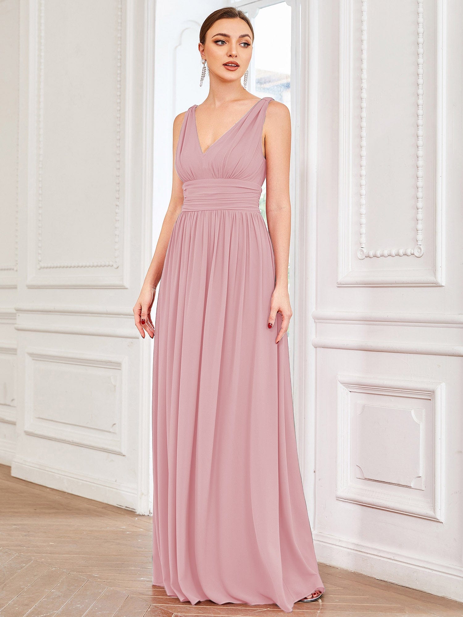 Custom Size V Neck Sleeveless Pleated Chiffon Evening Dress