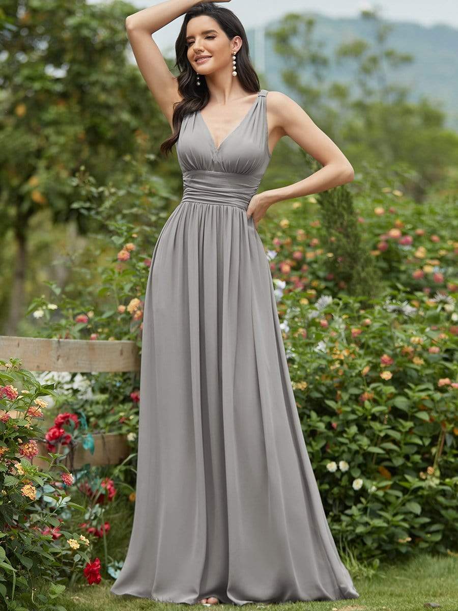 V Neck Sleeveless Pleated Chiffon Evening Dress