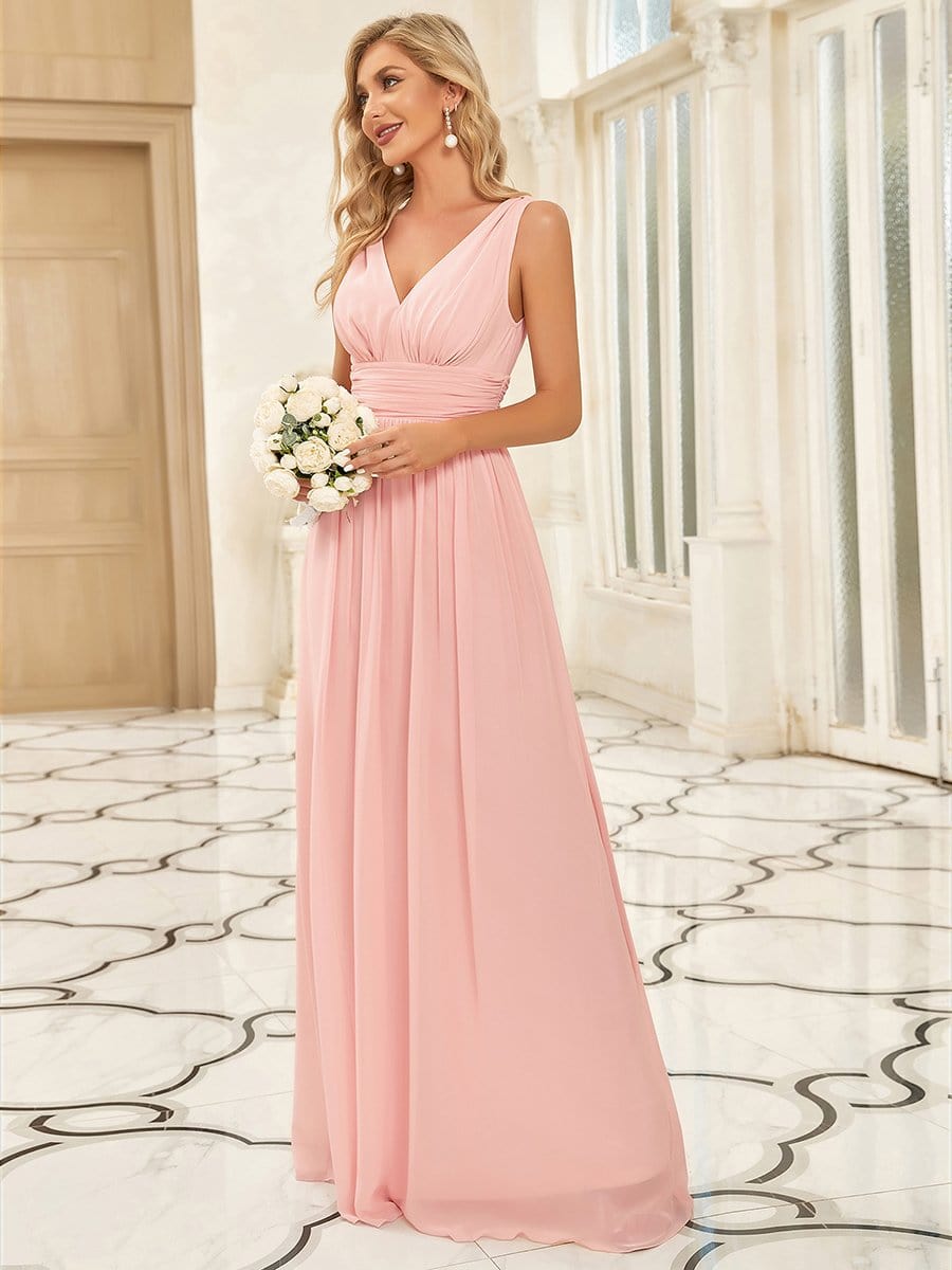 V Neck Sleeveless Pleated Chiffon Evening Dress