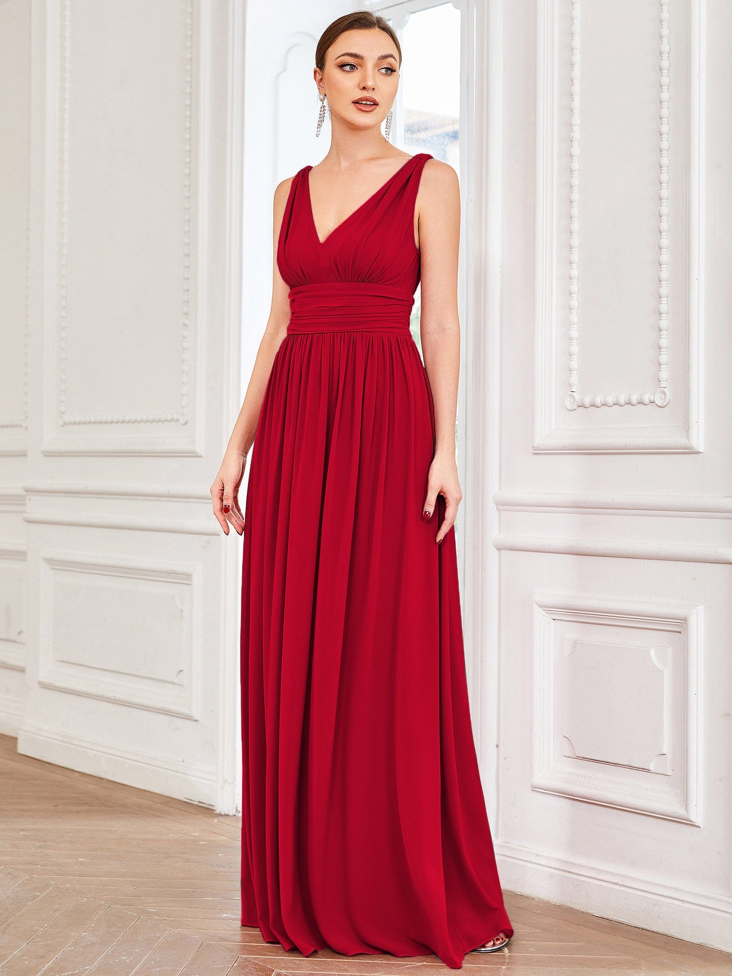 Custom Size V Neck Sleeveless Pleated Chiffon Evening Dress