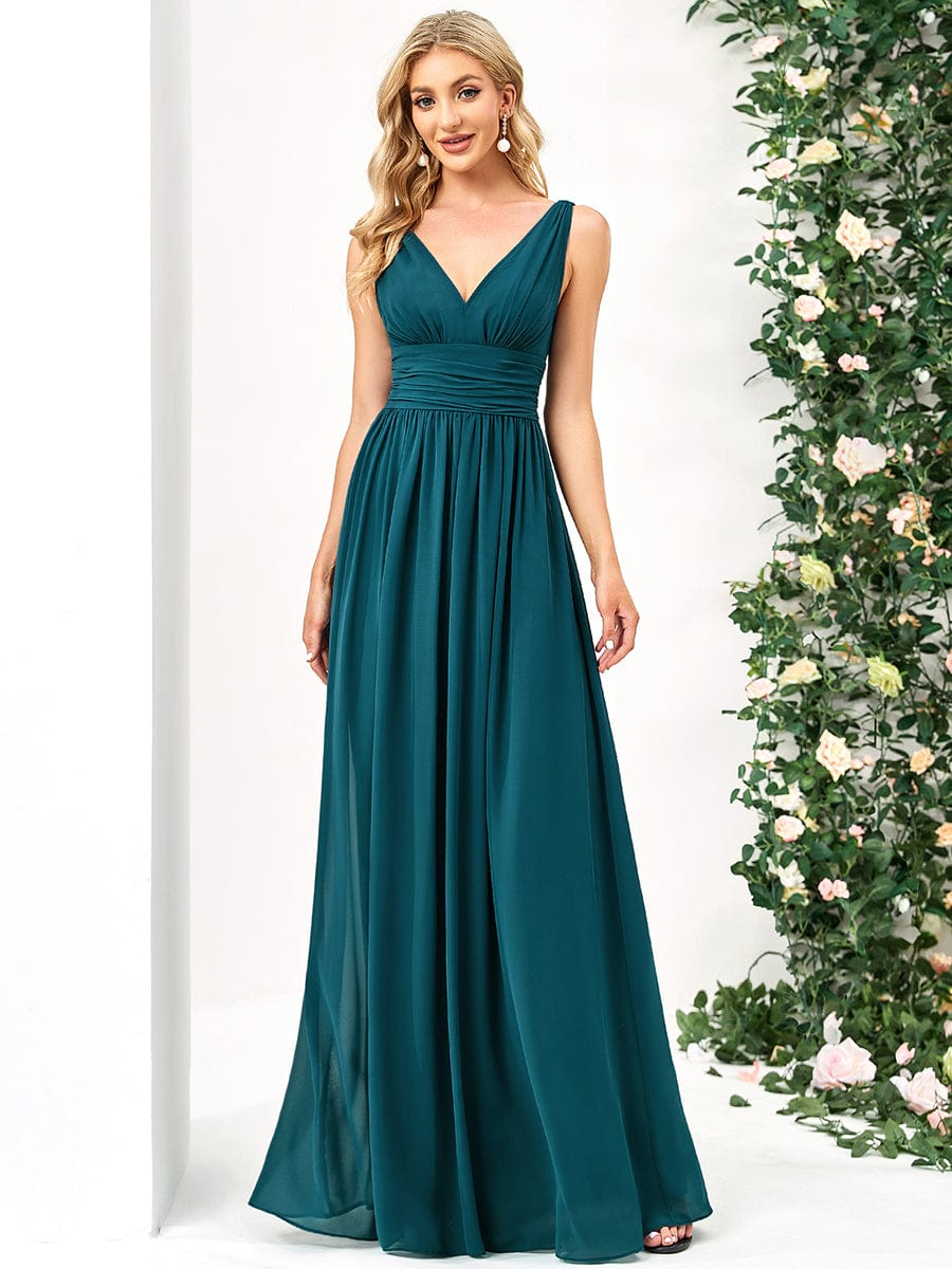 Custom Size V Neck Sleeveless Pleated Chiffon Evening Dress