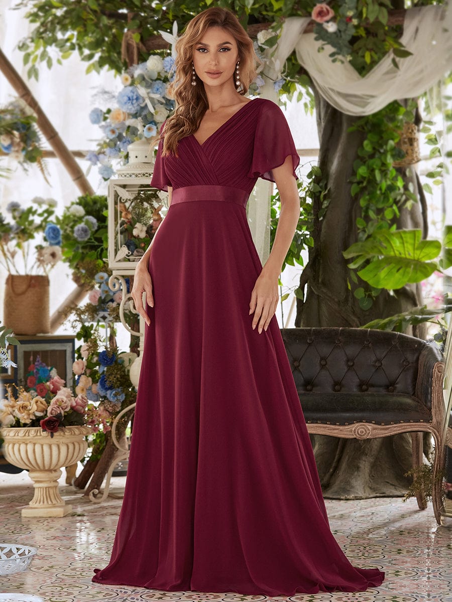 Custom Size V-neck Empire Waist Maxi Bridesmaid Dress with Short Sleeves