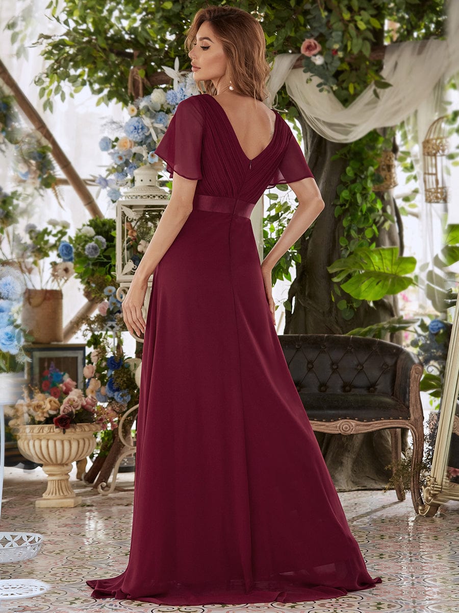 Custom Size V-neck Empire Waist Maxi Bridesmaid Dress with Short Sleeves