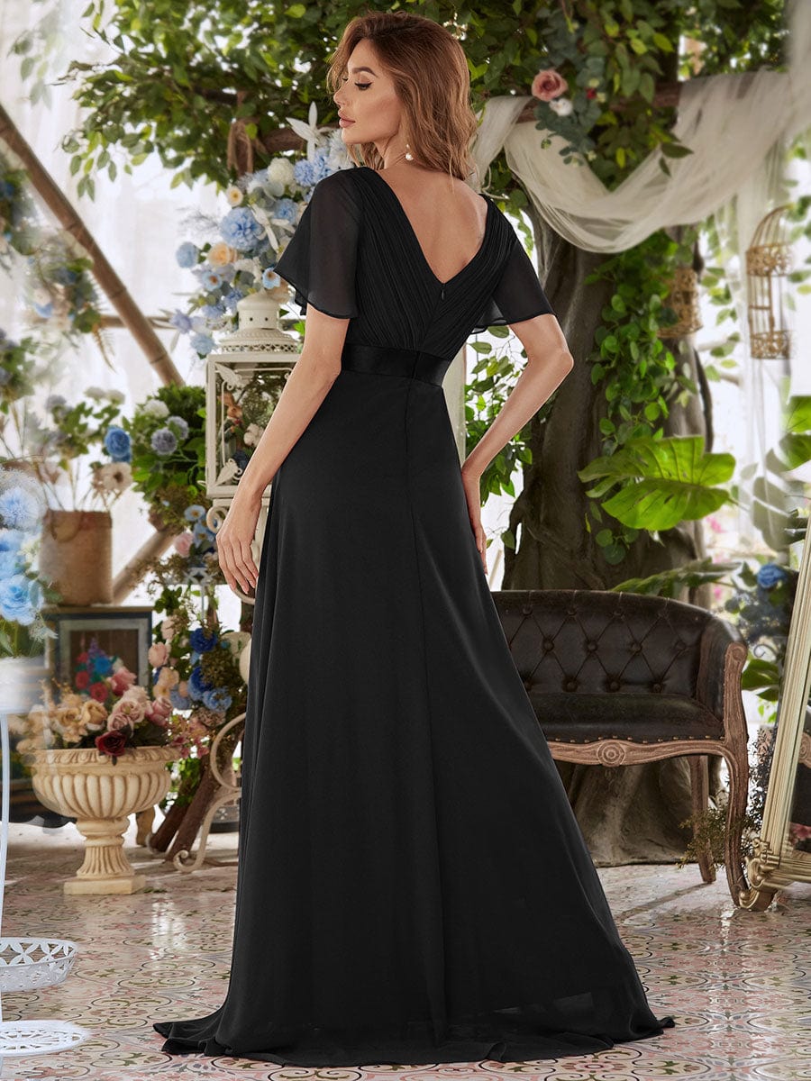 Custom Size V-neck Empire Waist Maxi Bridesmaid Dress with Short Sleeves