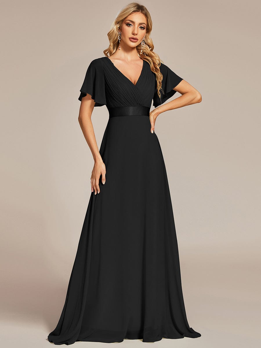 High Waist Maxi Chiffon Bridesmaid Dress with Short Sleeves