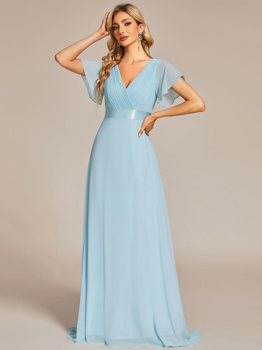 Custom Size V-neck Empire Waist Maxi Bridesmaid Dress with Short Sleeves