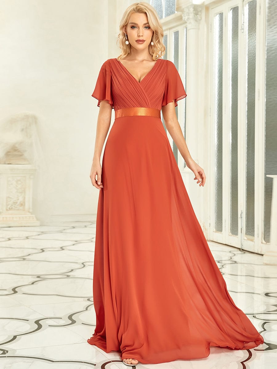 Custom Size V-neck Empire Waist Maxi Bridesmaid Dress with Short Sleeves