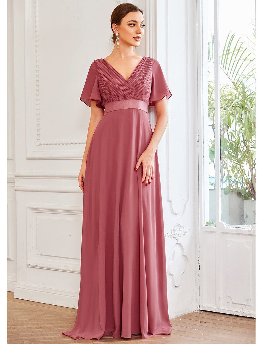 Custom Size V-neck Empire Waist Maxi Bridesmaid Dress with Short Sleeves