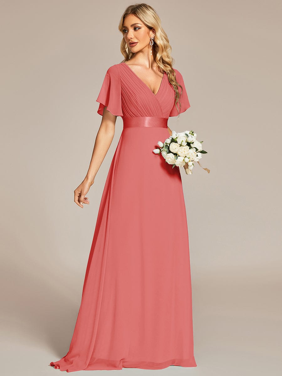 High Waist Maxi Chiffon Bridesmaid Dress with Short Sleeves