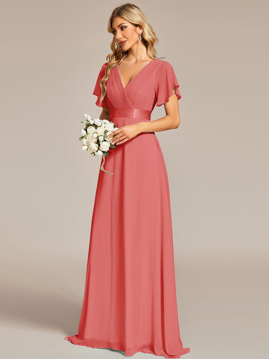 High Waist Maxi Chiffon Bridesmaid Dress with Short Sleeves