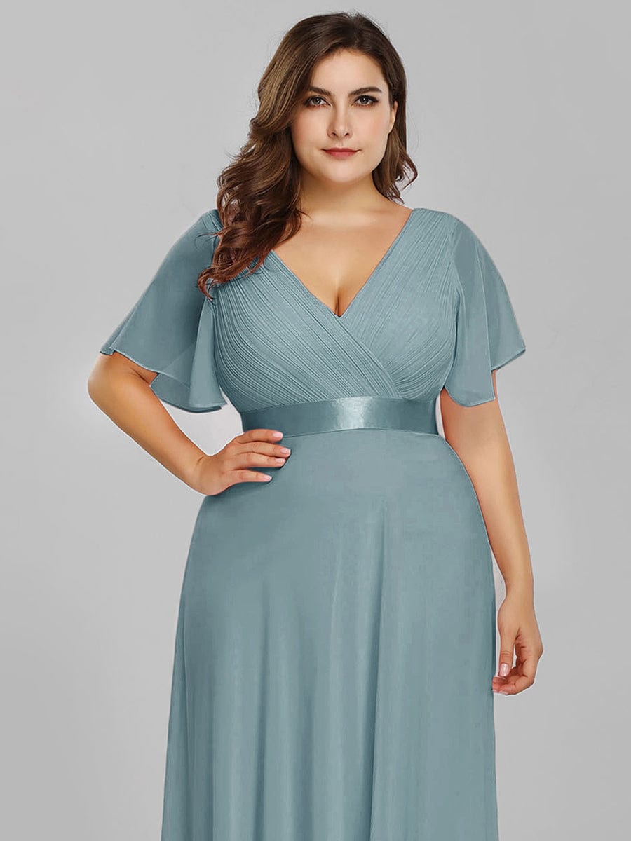 High Waist Maxi Chiffon Bridesmaid Dress with Short Sleeves