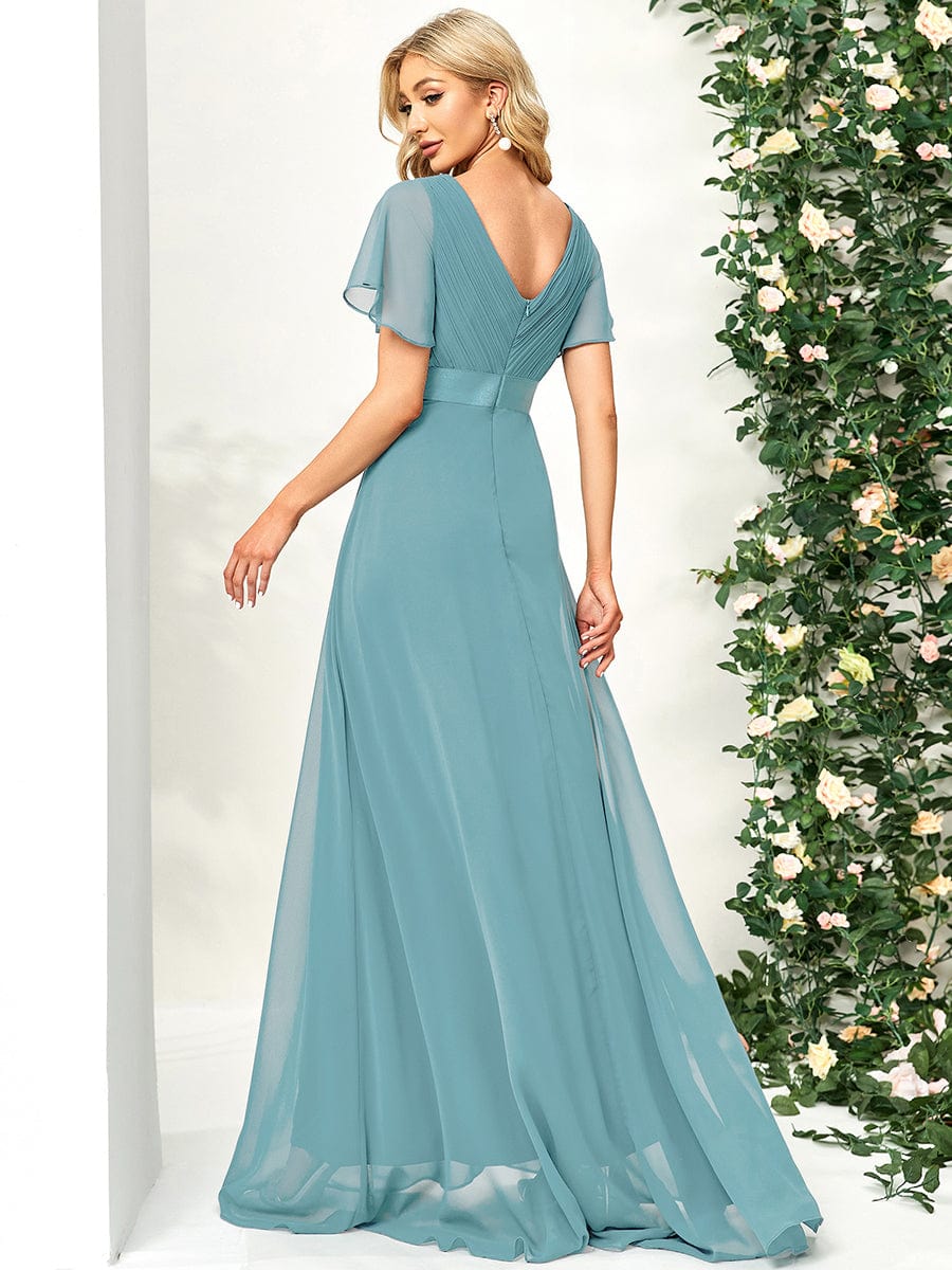 High Waist Maxi Chiffon Bridesmaid Dress with Short Sleeves