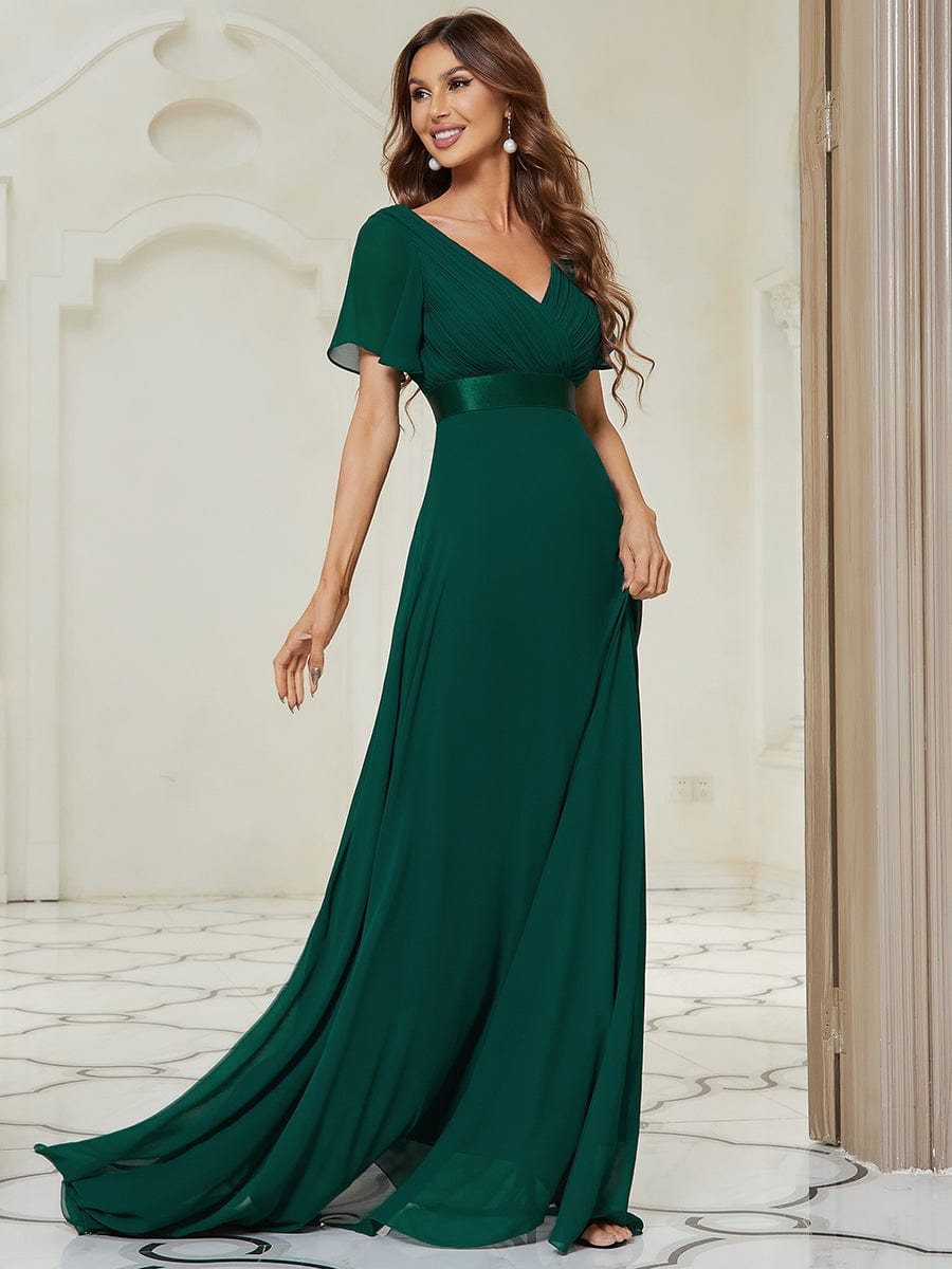 Custom Size V-neck Empire Waist Maxi Bridesmaid Dress with Short Sleeves