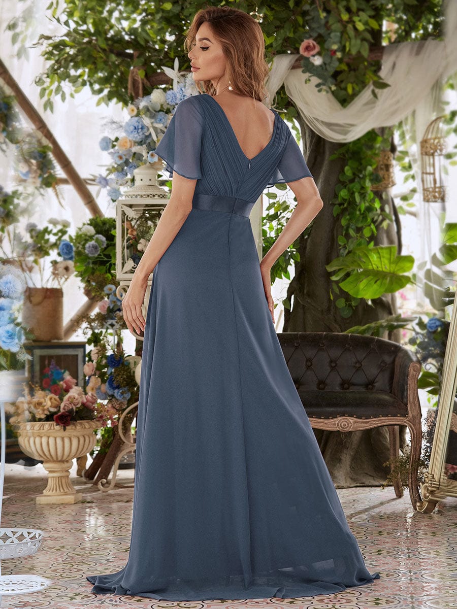 Custom Size V-neck Empire Waist Maxi Bridesmaid Dress with Short Sleeves