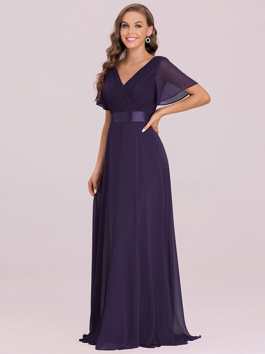 Custom Size V-neck Empire Waist Maxi Bridesmaid Dress with Short Sleeves