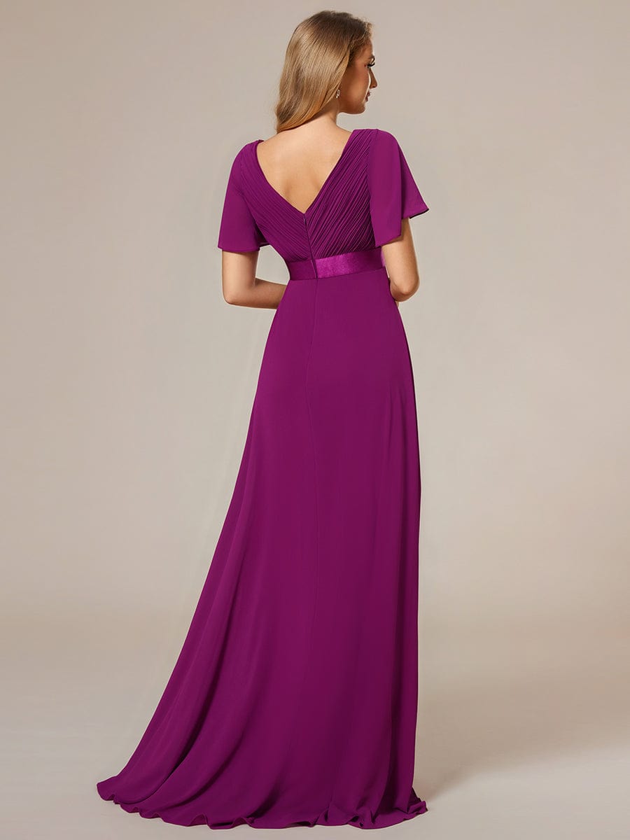 High Waist Maxi Chiffon Bridesmaid Dress with Short Sleeves