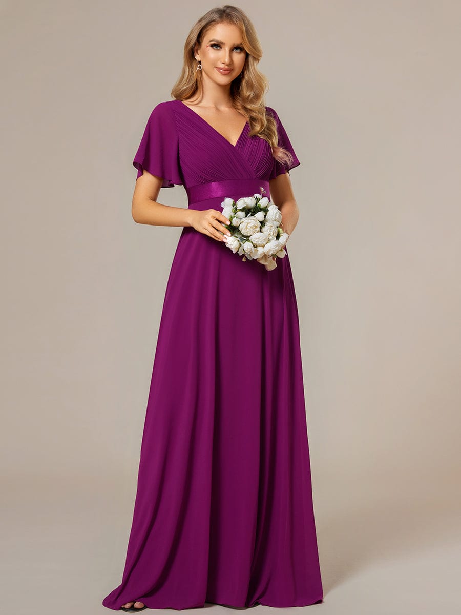 High Waist Maxi Chiffon Bridesmaid Dress with Short Sleeves