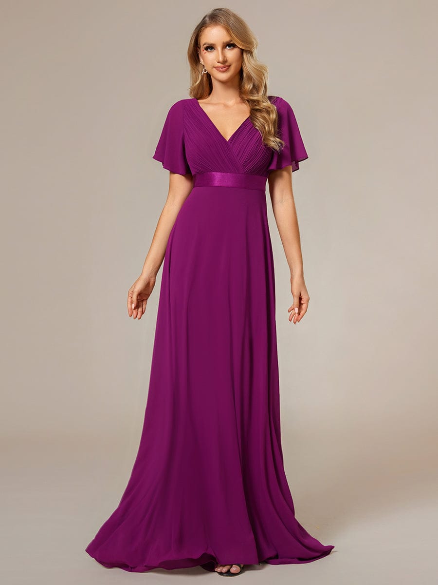 High Waist Maxi Chiffon Bridesmaid Dress with Short Sleeves