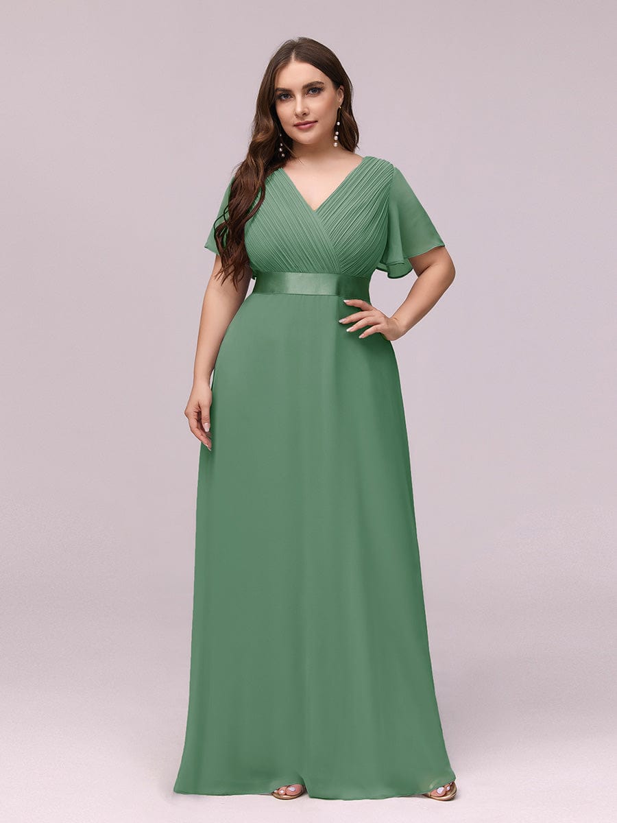 Empire Waist Floor Length Bridesmaid Dress with Short Flutter Sleeves