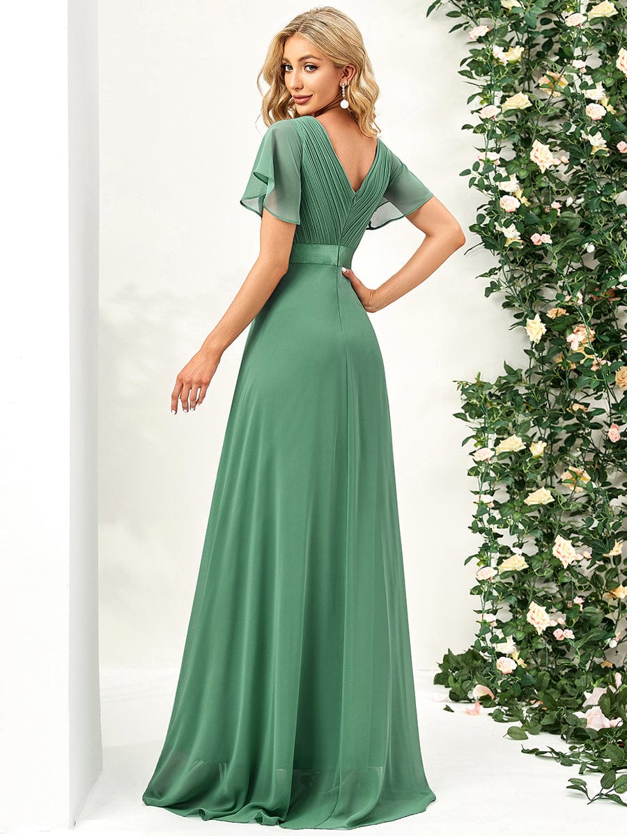 Custom Size V-neck Empire Waist Maxi Bridesmaid Dress with Short Sleeves