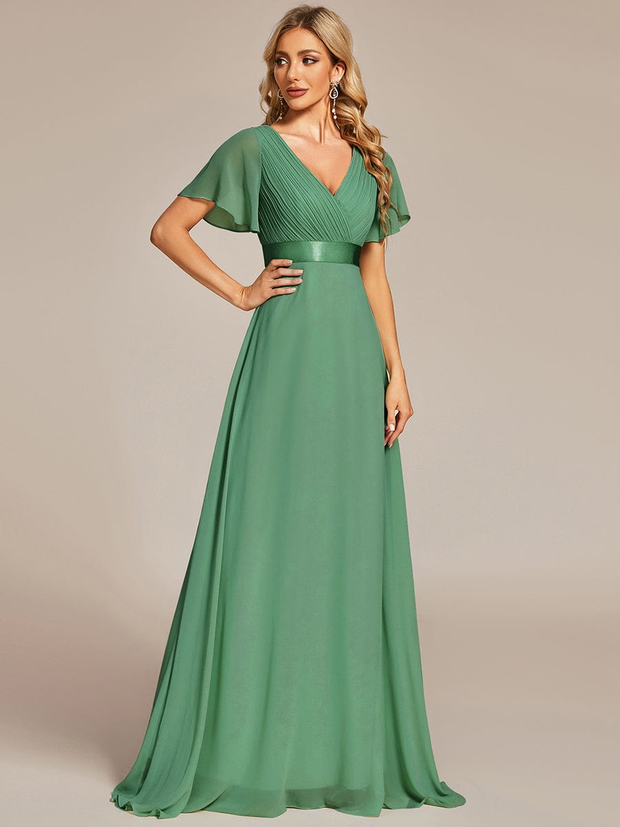 Empire Waist Floor Length Bridesmaid Dress with Short Flutter Sleeves